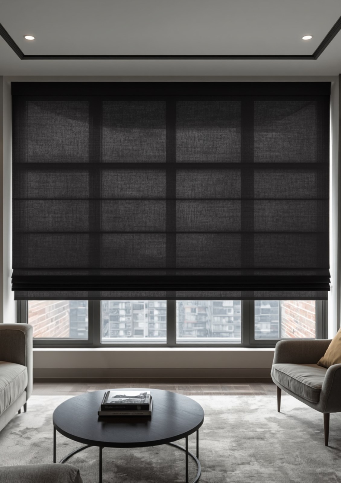A Roman blind gathered into smooth horizontal fabric folds in a Singapore home